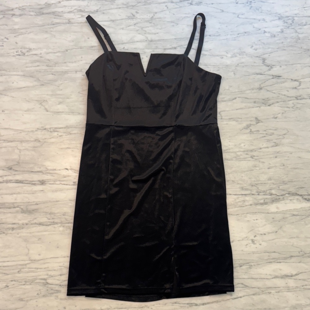 Black Velvet Mini Dress with Straps and Side Slit